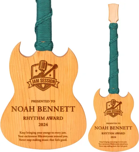 Miniatura 11 de Premio personalizado de guitarra Cherrywood, placa grabada personalizada con mango de paracaídas azul, 23 x 8 pulgadas Regalo para músicos