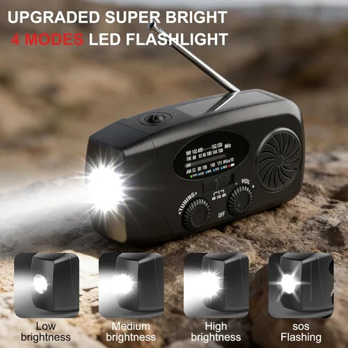 Miniatura 4 de Radio de emergencia meteorológica, radio de manivela solar portátil AM/FM/NOAA, cargador de teléfono celular con SOS, linterna LED de 1 W, conector