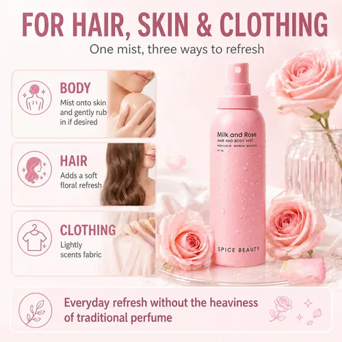 Miniatura 5 de Leche y rosa para el cabello y el cuerpo Spray corporal hidratante y perfume para el cabello con rosa, leche de cabra, manzanilla y lavanda