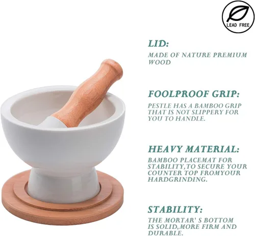 Miniatura 5 de Mortero y mortero de porcelana - Trituradora de píldoras, molinillo de especias, cuenco de hierbas, polvo de pesto - Regalo ideal - con base