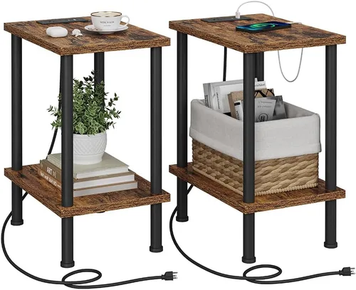 Miniatura 8 de VIMBER Mesa auxiliar con estación de carga, juego de 2 mesas auxiliares con puerto USB y tomas, mesitas de noche con estantes de almacenamiento de 2