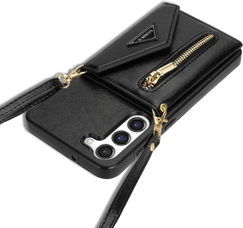 Miniatura 9 de Funda de cuero con tapa para Samsung Galaxy S23 5G, funda cruzada con soporte para tarjeta de crédito y correa con cordón de 6.1 pulgadas, para Negro