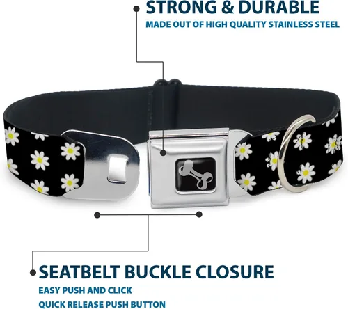 Miniatura 4 de Collar de perro hebilla de cinturón de seguridad margaritas dispersas negro blanco amarillo 9 a 15 pulgadas 1.0 pulgadas ancho