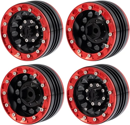 Miniatura 5 de MOHERO Llantas de aleación Beadlock de 1/10 de 1.9 pulgadas para RC Cralwer Axial SCX10 CC01 D90, paquete de 4 (rojo y negro)