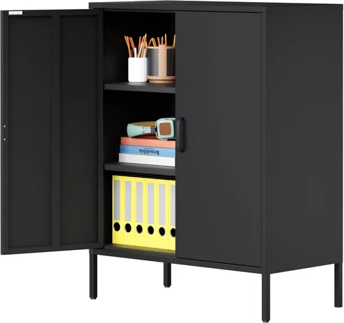 Miniatura 12 de Ustamio Gabinete de Almacenamiento de Metal Ancho Negro con Casillero, Gabinete de Acento de 2 Puertas para Hogar y Oficina, Gabinete de Metal Bajo