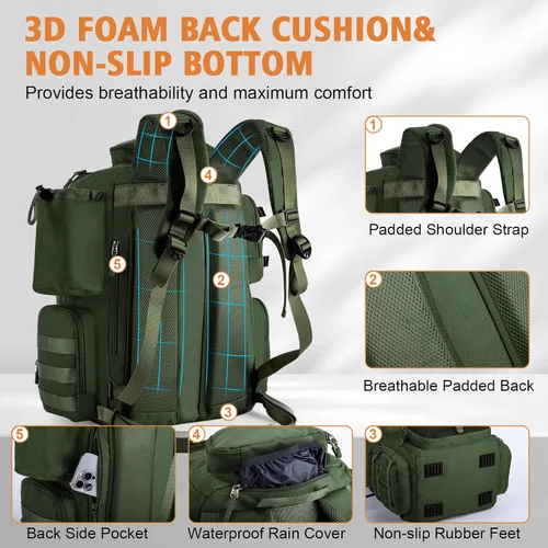 Miniatura 4 de Goture Mochila de pesca, mochila 900D resistente al agua con soportes para caña, bolsa de aparejos de pesca de gran tamaño de 58 L con bolsa cruzada