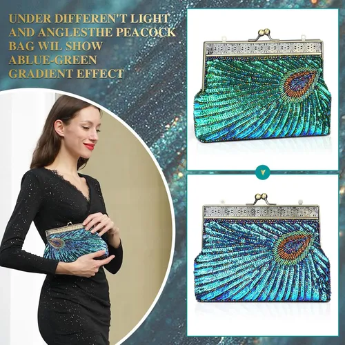 Miniatura 2 de UBORSE Bolsos de embrague de noche de pavo real con lentejuelas con cuentas Bolso de noche vintage Bolso de boda de fiesta de 1920