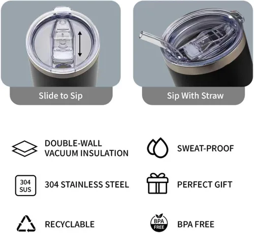 Miniatura 4 de Taza de café térmica de 20 onzas, taza aislada, taza portátil para llevar con tapa y pajita, vaso de viaje de agua de acero inoxidable para bebidas
