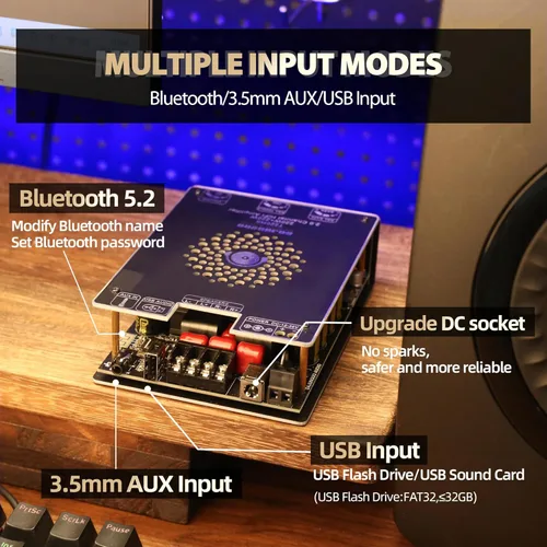 Miniatura 4 de Tablero amplificador de audio de 440 W con control de agudos y graves, chips TPA3251, CC 12-36V, entradas Bluetooth 5.2 y AUX, placa AMP estéreo