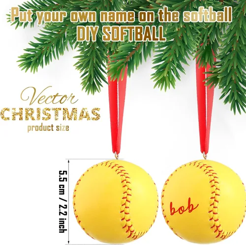 Miniatura 2 de Newwiee 6 piezas de adornos de Navidad de sóftbol a granel decoraciones deportivas para árbol de Navidad, adorno decorativo de béisbol de piel