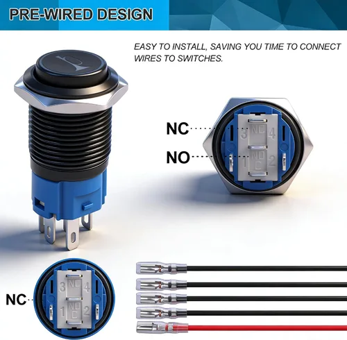 Miniatura 6 de Twidec/Interruptor de botón de presión momentáneo de bocina de altavoz de 16 mm, orificio de montaje de 5/8 pulgadas, luz LED azul de 12 V, carcasa
