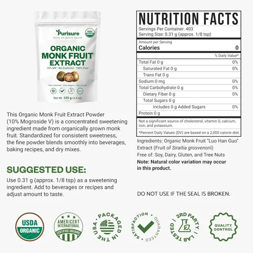 Miniatura 2 de Extracto de fruta de monje orgánico en polvo, 4.41 oz (4.4 onzas), sin rellenos, edulcorante puro de extracto de fruta de monje orgánico USDA sin