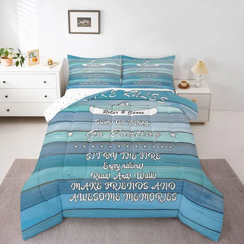 Erosebridal Juego de edredón de reglas del lago, juego de ropa de cama tamaño matrimonial, edredón rústico para niños y niños, decoración de cabaña
