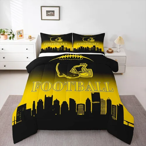 Miniatura 10 de Feelyou Juego de edredón de fútbol, tamaño individual, juego de ropa de cama deportiva de rugby para niños y niñas, color negro y marrón, edredón