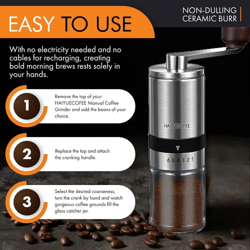 Miniatura 5 de Molinillo de café manual con 6 ajustes de grosor ajustables, molinillo de café con manivela de mano con rebabas de cerámica para granos de expreso