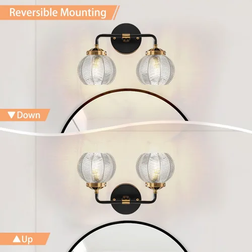 Miniatura 4 de Lámpara de tocador de baño de 2 luces, luces de globo de vidrio transparente, lámpara de montaje en pared negra con pantalla de vidrio acanalado