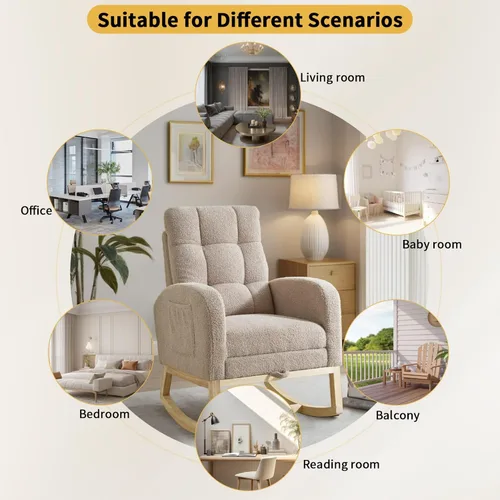 Miniatura 7 de Rosevera Mecedora para guardería con reposapiés ajustable para sala de estar, tela de peluche, patas de madera maciza, cómodo sillón con respaldo