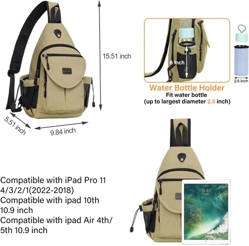 Miniatura 2 de MOSISO - Mochila bandolera de lona, mochila de día para senderismo con bolsillo antirrobo Caqui