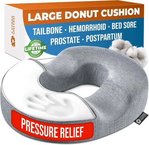 Miniatura 12 de 5 STARS UNITED Almohada de dona para dolor de coxis y hemorroides – Cojín grande de espuma viscoelástica con capa de gel de enfriamiento para zonas
