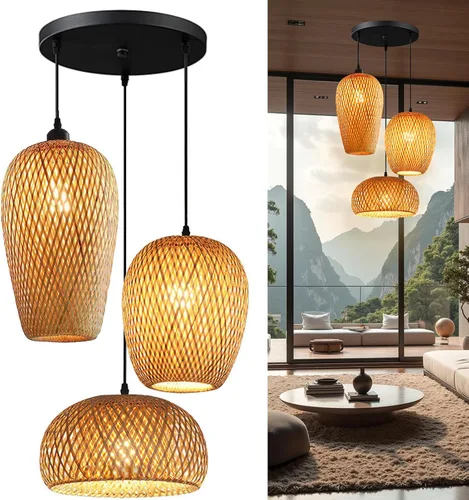 Miniatura 10 de GWY Lámpara colgante de farol de bambú, estilo japonés retro E27, lámpara colgante de techo para sala de estar, dormitorio, restaurante, cafetería