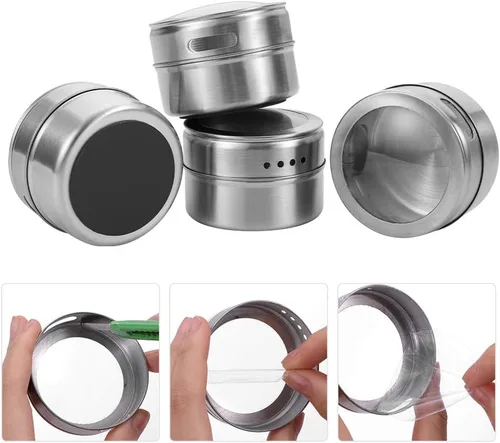 Miniatura 6 de 12 recipientes magnéticos para especias - Base de acero inoxidable montada en la pared - Fácil de instalar 12 LATAS MAGNÉTICAS DE ESPECIAS CON