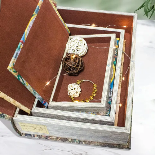 Miniatura 6 de Juego de 3 Cajas Decorativas para Libros, Cajas de Recuerdo y Baratijas con Patrón de Mapa del Mundo Antiguo, Regalo de Graduación Juego de 3