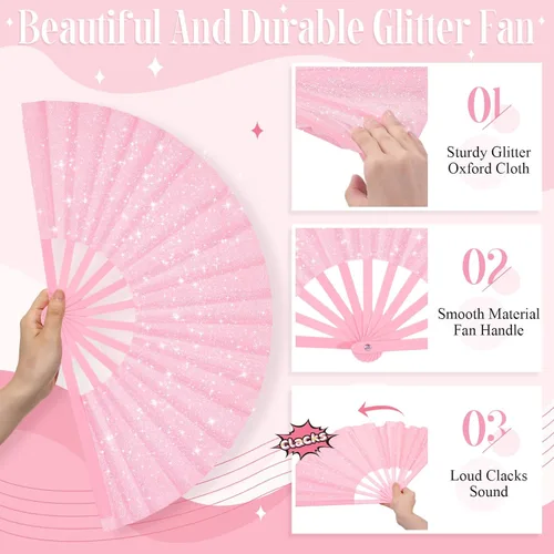 Miniatura 2 de Vercraft 24 abanicos de mano plegables grandes con purpurina para baile de línea, fanáticos de baile con bolsa, aplaudiendo, raves, fanáticos a Rosa