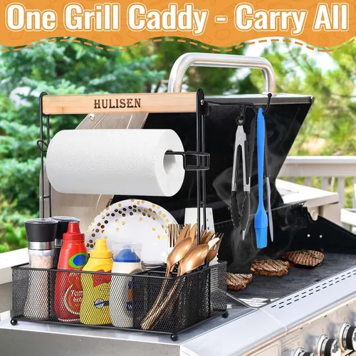 Miniatura 2 de HULISEN Organizador de parrilla para parrilla al aire libre, organizador de barbacoa con soporte para toallas de papel para platos, cubiertos