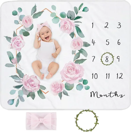 Manta mensual de hitos para bebé niña, manta de edad recién nacida, accesorio para fotos con tabla de crecimiento, rosa floral rosa, corona y