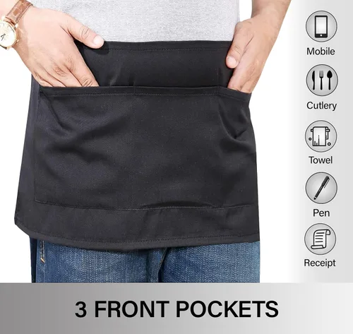 Miniatura 4 de RUVANTI Paquete de 6 delantales de servidor con bolsillos, delantal negro para hombres, delantales de chef de polialgodón para mujeres con correa