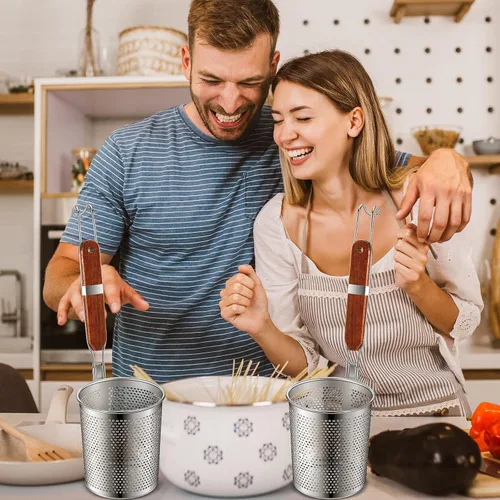 Miniatura 4 de Tessco - 4 coladores de pasta, 4.7 x 5.2 pulgadas, cesta de pasta de acero inoxidable con mango de madera, colador de araña, desnatador de cocina