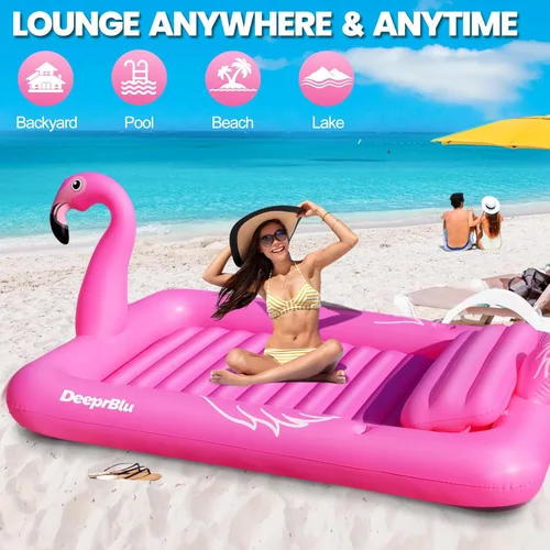 Miniatura 7 de DeeprBlu Piscinas de bronceado inflables de flamenco de lujo para 2 personas, 81 x 60 pulgadas, flotador para tumbona para tomar el sol, piscina