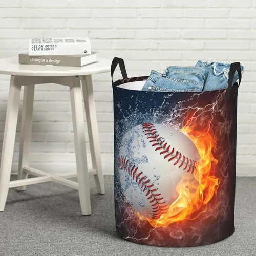 Miniatura 7 de Balón de béisbol deportivo en fuego y agua, cesta redonda para lavandería, cesta de almacenamiento, juguetes, organizador de ropa, contenedor