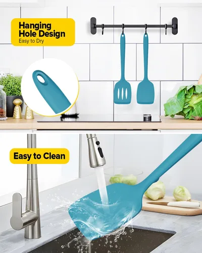 Miniatura 6 de Paquete de 2 volteadores de espátula de silicona, juego de espátulas de cocina ranuradas antiadherentes, utensilios de cocina resistentes al calor