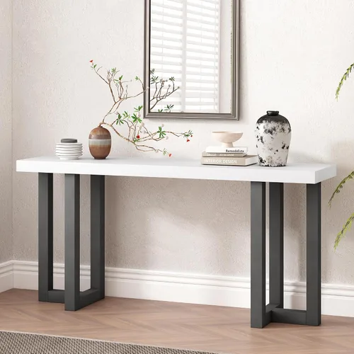 Miniatura 10 de Mesa de consola de madera de 152 cm con tapa de chapa de roble y patas curvadas delgadas de madera de goma, elegante mesa de sofá para sala