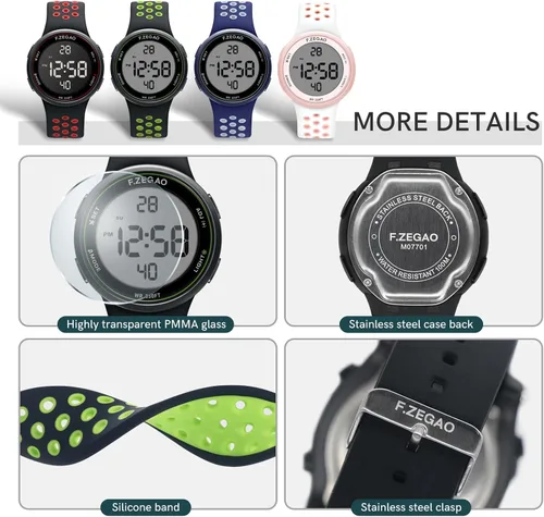 Miniatura 6 de Reloj digital unisex de 10ATM con cronómetro, alarma, cuenta regresiva, doble hora con banda de silicona suave de doble inyección, Rosa-Blanco