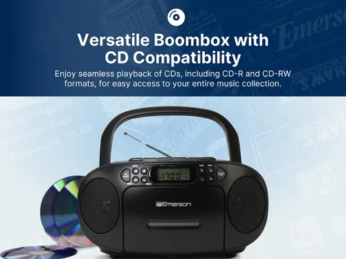 Miniatura 2 de Emerson Reproductor de CD portátil Boombox con reproductor de cassette combo, grabadora de cinta, radio AM/FM, AUX, conector para auriculares