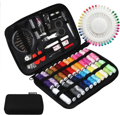 Miniatura 8 de JUNING Kit de costura con estuche negro, suministros de costura portátiles para el hogar, viajes, adultos, principiantes, emergencias, 42 hilos