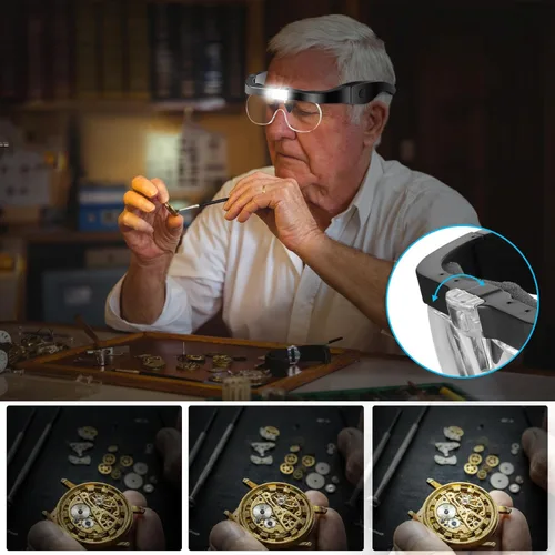 Miniatura 3 de Lupa de cabeza con lupa ligera recargable para diadema para trabajo cercano, lentes intercambiables de 1.5 x 2.5 x 3.5 x 5 x para lupa de joyero
