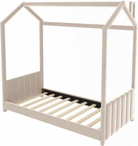 Miniatura 5 de MERITLINE Marco de cama individual para niños, cama Montessori de terciopelo con techo, cama de piso individual de madera para niñas y niños,