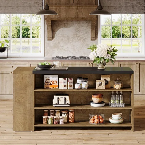 Miniatura 4 de Tribesigns Isla de cocina de 55 pulgadas con almacenamiento, mesa de isla estacionaria estilo granja de 5 niveles con 5 estantes, mesa de barra