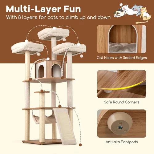 Miniatura 8 de Tangkula Árbol alto para gatos, torre para gatos de madera moderna de 68 pulgadas con postes rascadores de sisal, 3 perchas acolchadas, condominio