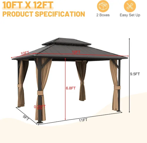 Miniatura 2 de Glorieta de techo duro de 10 x 12 pies para exteriores de aluminio, glorieta de patio de aluminio con doble techo, toldo de acero galvanizado