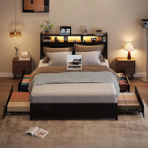 Miniatura 10 de VINGLI Base de cama LED Queen con 4 cajones de almacenamiento y estante de cabecera ajustable, plataforma de metal con estación de carga para niños