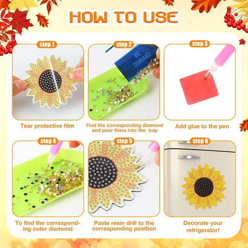 Miniatura 3 de Umigy 16 imanes de arte de diamantes de otoño para refrigerador, hojas de calabaza, girasol, Acción de Gracias, pintura de diamantes, kits de gemas
