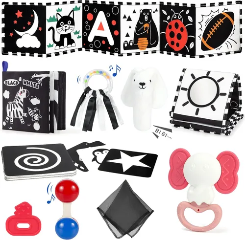 Miniatura 10 de URMYWO Juguetes con espejo para tiempo boca abajo, tarjetas de aprendizaje con estimulación visual, juguetes para bebés de alto contraste en blanco