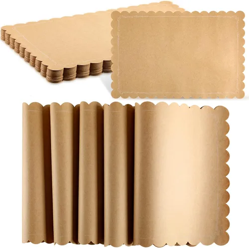 Miniatura 9 de 100 manteles individuales desechables de papel kraft marrón, rectangular, rústico, estampado, festoneado, marrón, para bodas, aniversarios, fiestas