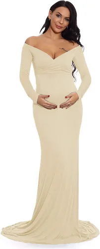 Miniatura 2 de ZIUMUDY - Vestido ajustado de maternidad con cuello en V fruncido, hombros descubiertos, manga larga, maxivestido para fotografía