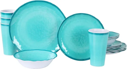 Miniatura 8 de Juego de vajilla de melamina para 4-16 piezas: juego de platos de campamento con platos llanos, platos de ensalada, tazas y cuencos. Ligero e