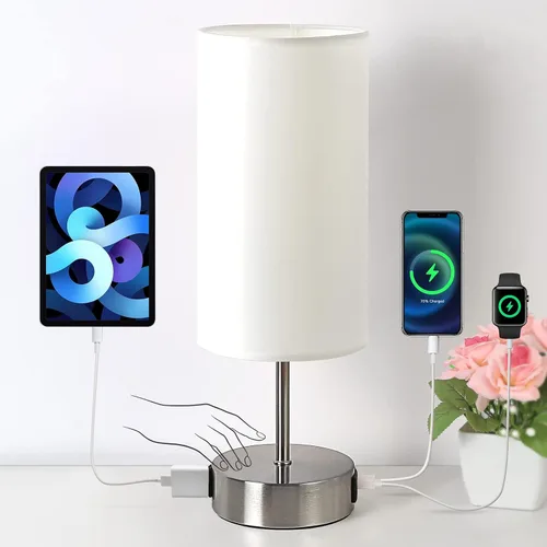 Miniatura 11 de Yarra-Decor Lámpara de noche mejorada con puertos de carga USB A+C y salida de CA, lámpara de mesa de control táctil para dormitorio, lámpara de Gris